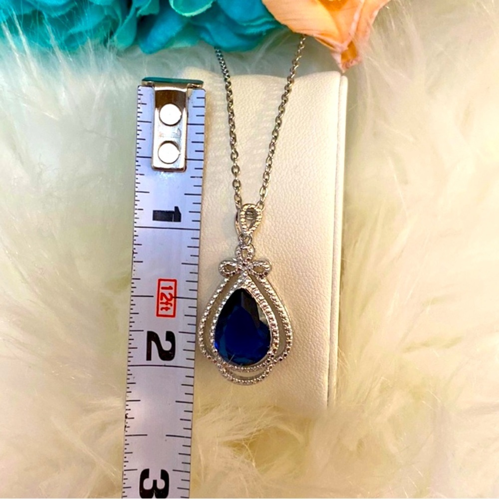 Sapphire Gemstone & Micro Pave Diamond Pendant Necklace With Silver Chain NEW! - Picture 5 of 6